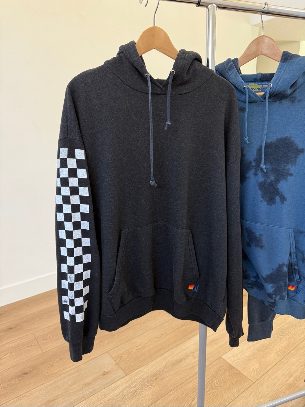 Aviator Nation 
RELAXED CHECK SLEEVE
PULLOVER HOODIE - BLACK
Size L 
Used Good - Picture 5 of 8